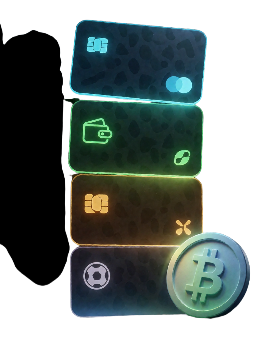 Schwebende Auswahlreihe aus Karten-, E-Wallet-, Paysafecard- und Krypto-Kacheln als Symbol f&uuml;r die Zahlungsmethoden im Kassenbereich