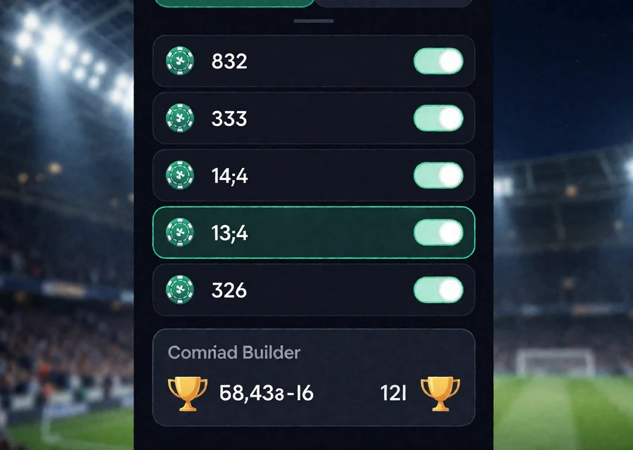 Bet-Builder-Ansicht mit mehreren kombinierten M&auml;rkten einer Fu&szlig;ballpartie vor unscharfer Stadionkulisse