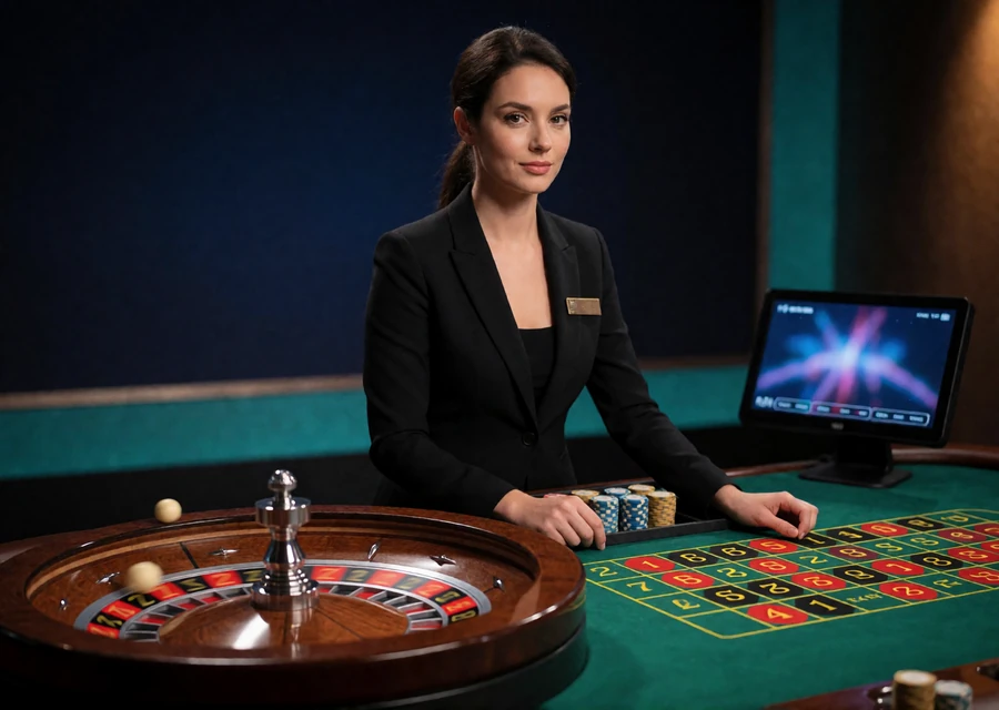 Live-Dealerin am Roulettetisch im Studio mit Kessel und Chips aus Streaming-Perspektive - Ablauf einer Runde im Live Casino Deutschland