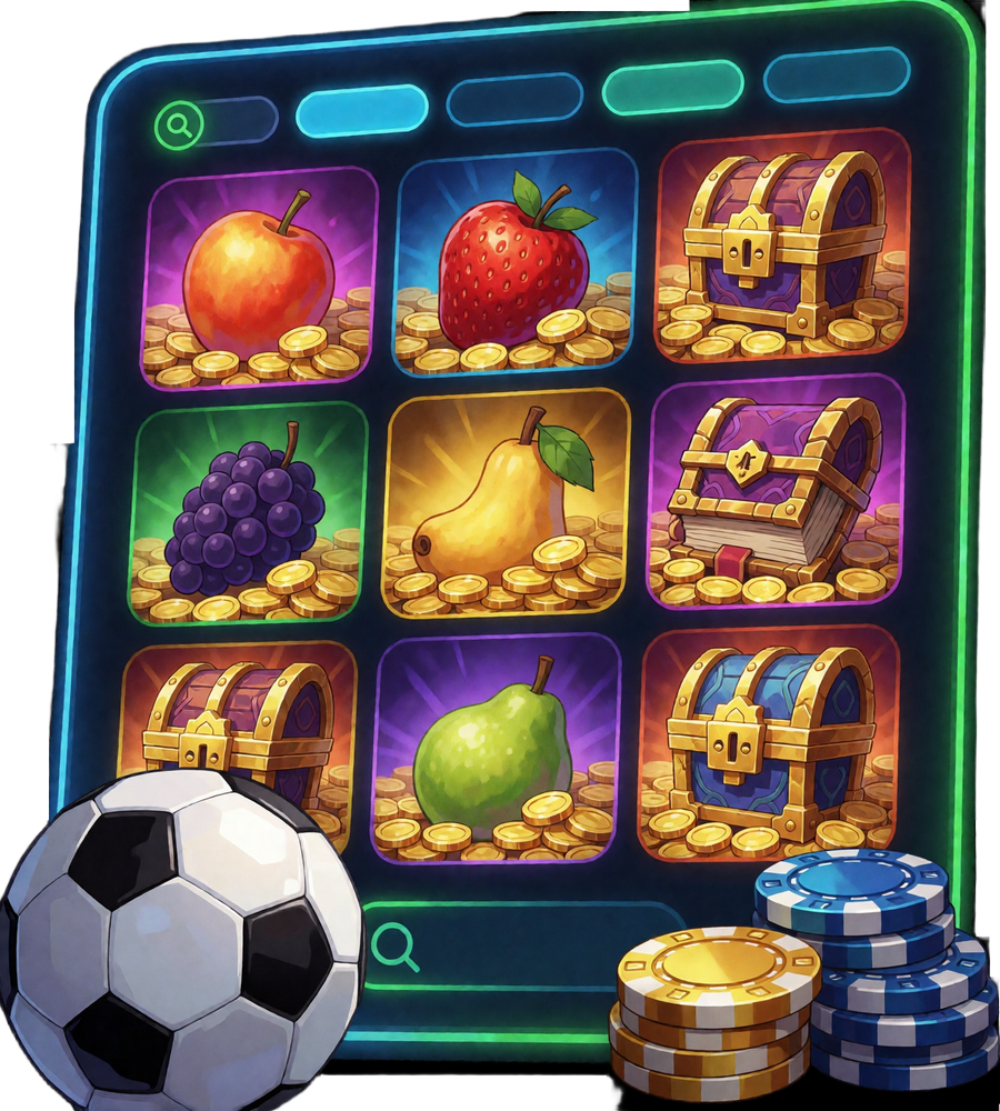 Neon-Spielelobby mit Filterreitern, Spielkacheln, Fu&szlig;ball und Casinochips - &Uuml;bersicht f&uuml;r Slots und Live Casino Deutschland