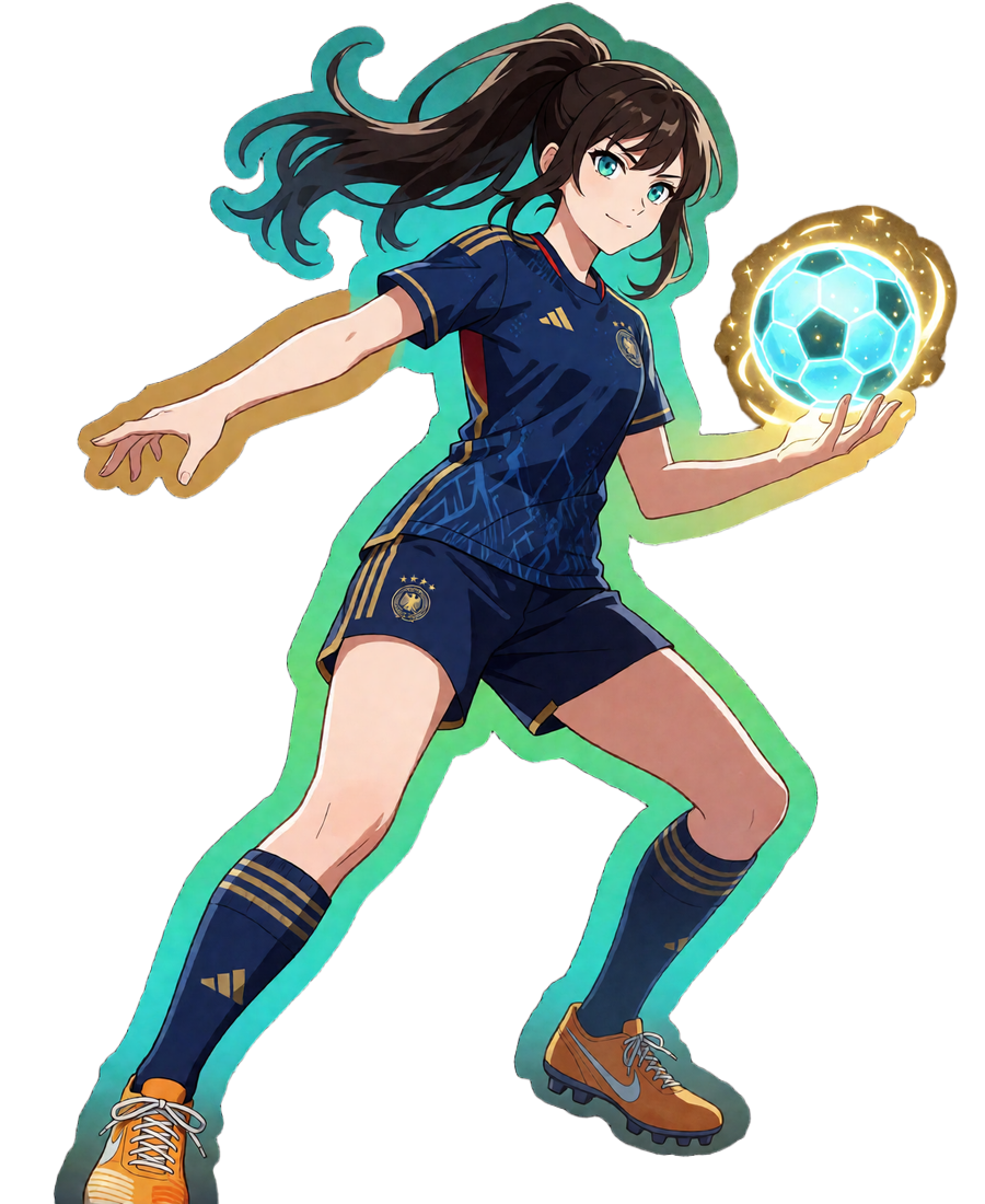 Anime-Spielerin im Stadiontrikot h&auml;lt einen leuchtenden magischen Fu&szlig;ball - Markenbild f&uuml;r Online Casino Deutschland mit Sportwetten
