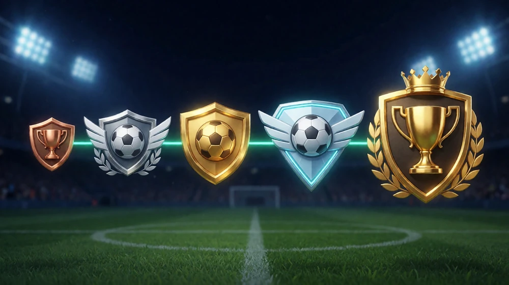 F&uuml;nf fu&szlig;ballthematische VIP-Rangabzeichen von Bronze bis Champion als Fortschrittsreihe im Zoccer Casino