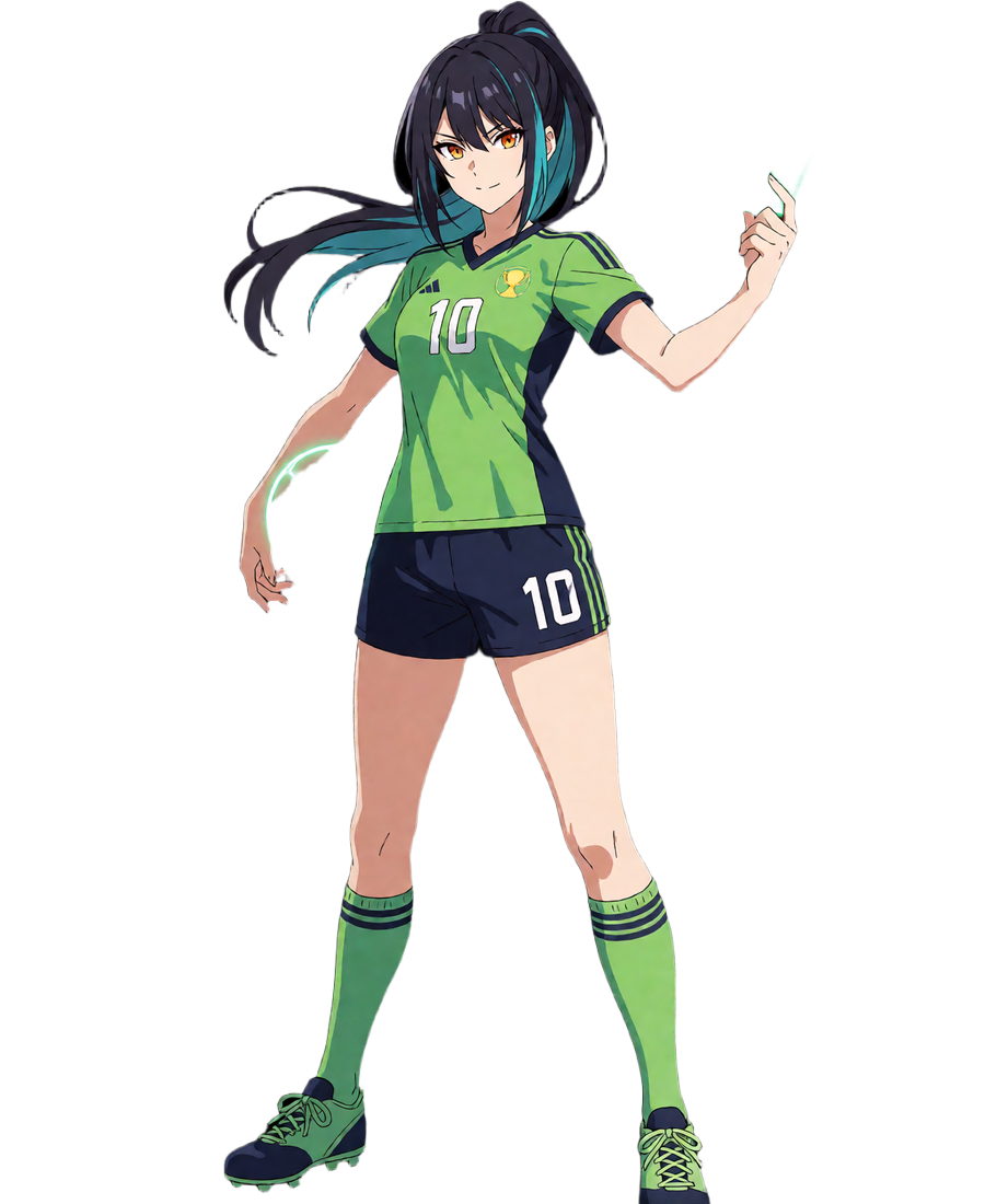 Anime-Spielerin im Stadiontrikot mit leuchtendem Wettschein-Hologramm und Fu&szlig;ball - Sportwetten bei Zoccer online