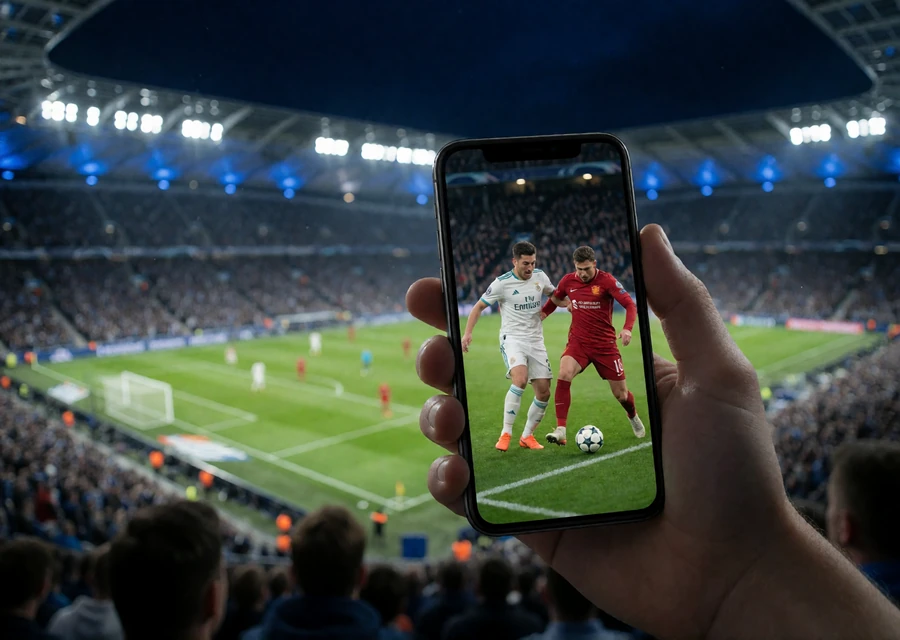 Hand h&auml;lt ein Smartphone mit laufendem Fu&szlig;ballspiel vor Flutlichtstadion - mobiles Spielen und Wetten ohne App